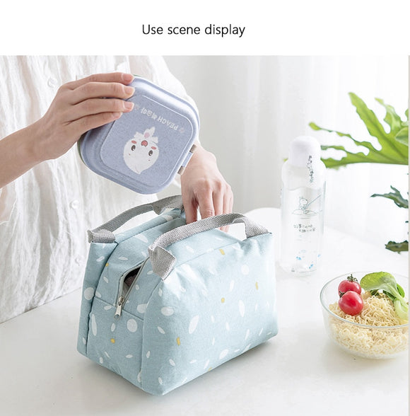 Simple household lunch bag Cartoon portable lunch insulated rice bag zipper cotton and linen lunch bag student couple lunch box